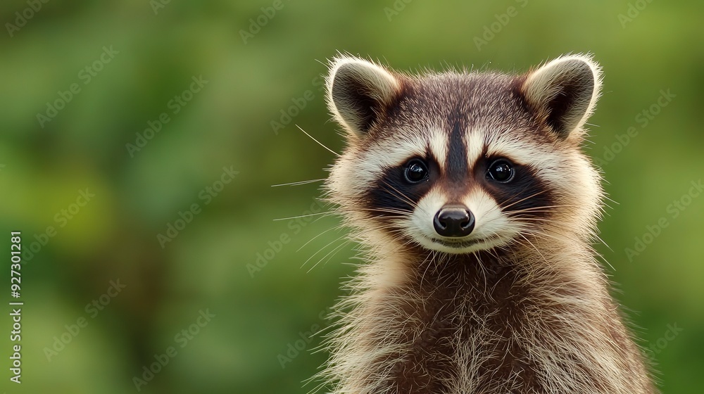 Fototapeta premium Furry raccoon looking at the camera close-up with blurred background