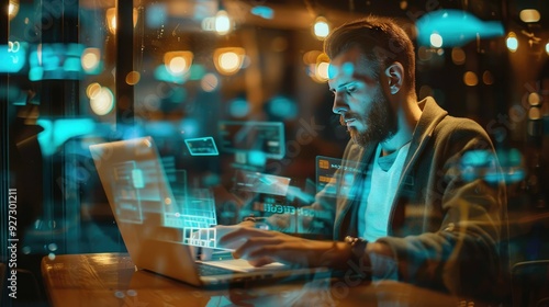 Wet plate photo of business working on the laptop and holding hologram virtual credit card indoor AI generated