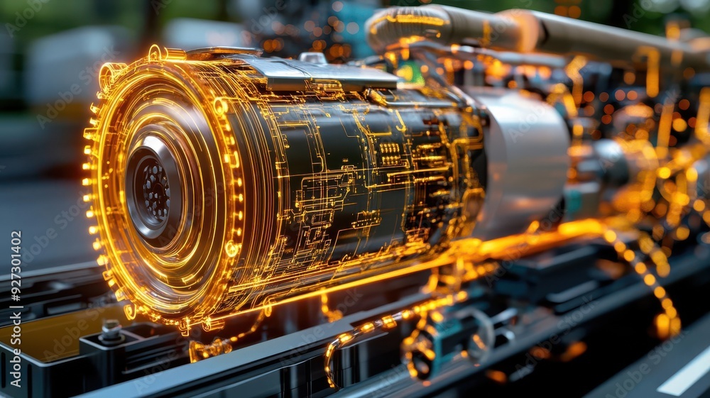 Fototapeta premium Close-up view of a futuristic engine with glowing circuitry and intricate details, showcasing innovation in technology and design.