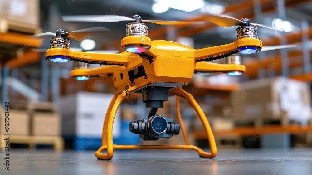 A yellow drone equipped with a camera, set against a backdrop of shelves and boxes in a warehouse environment. A yellow drone equipped with a camera, set against a backdrop of shelves and boxes in a warehouse environment.