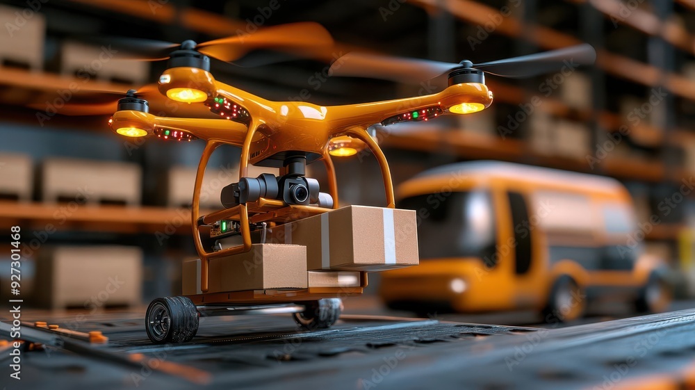 A vibrant orange drone with packages, ready for delivery in a modern warehouse setting, showcasing innovative logistics solutions. A vibrant orange drone with packages, ready for delivery in a modern warehouse setting, showcasing innovative logistics solutions.