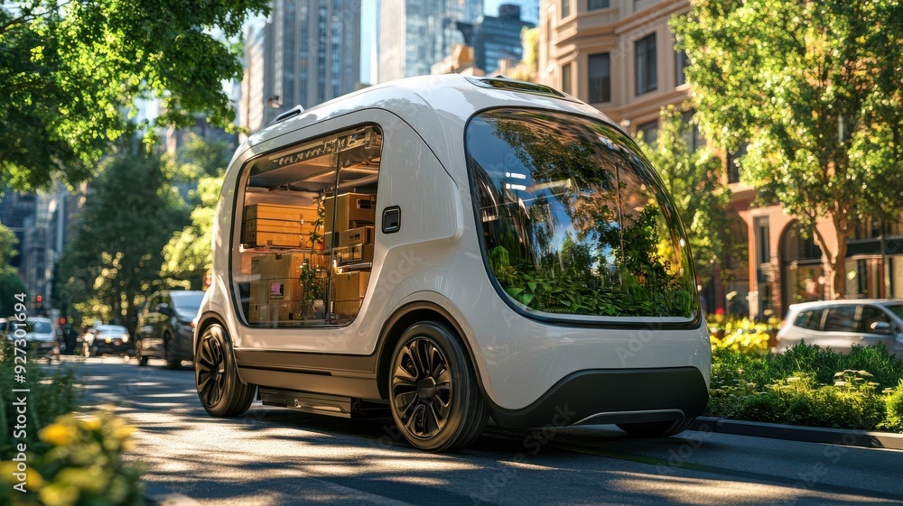 Futuristic electric vehicle parked on a vibrant city street, surrounded by greenery and modern architecture, showcasing innovation. Futuristic electric vehicle parked on a vibrant city street, surrounded by greenery and modern architecture, showcasing innovation.