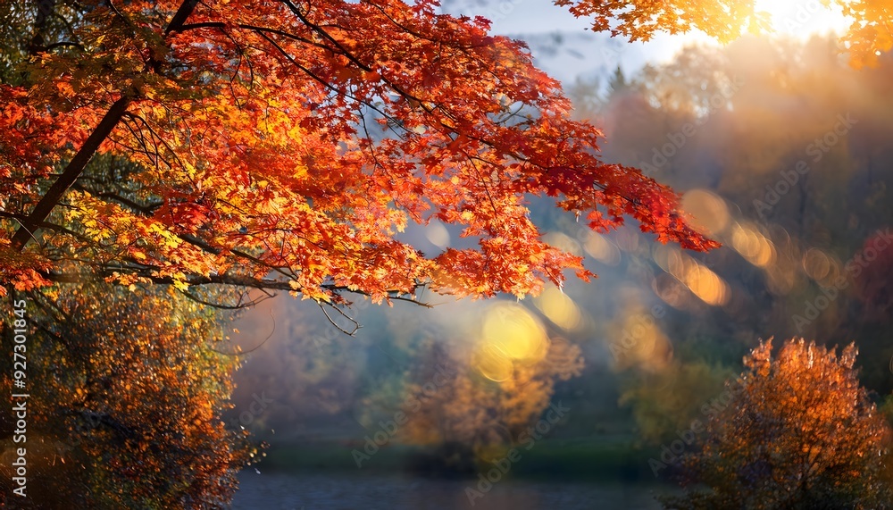 A serene autumn scene with vibrant red leaves against a soft, blurred background. A serene autumn scene with vibrant red leaves against a soft, blurred background.