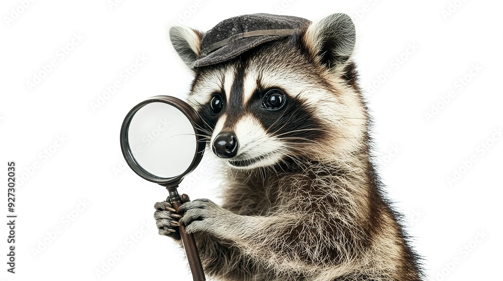 Obraz premium Funny curious detective raccoon with a magnifying glass, isolated on white background