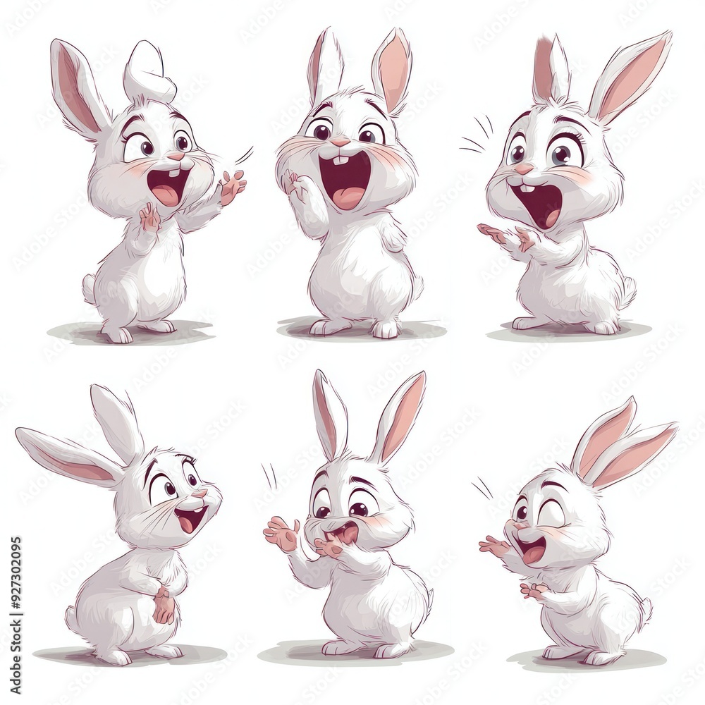 Fototapeta premium Six white cartoon bunnies in different poses with surprised, happy expressions.