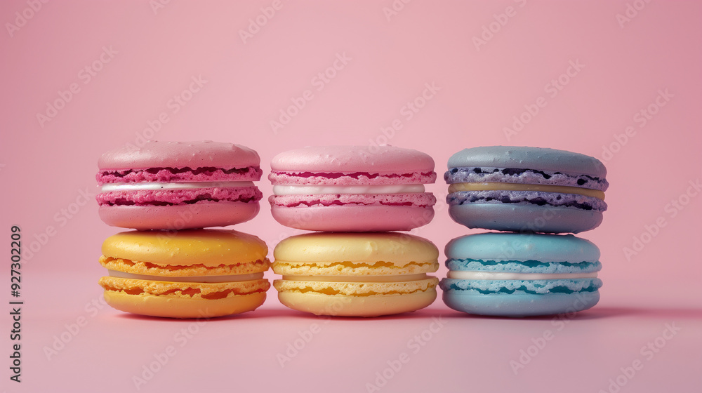 The image shows six multi-colored macarons arranged in two rows on a pink background. The top row consists of pink and purple macarons, while the bottom row features yellow and blue ones The image shows six multi-colored macarons arranged in two rows on a pink background. The top row consists of pink and purple macarons, while the bottom row features yellow and blue ones