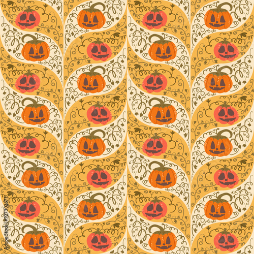 Halloween Pumpkins floral seamless pattern. All Hallows' Eve continuous background. Vector hand drawn flat illustration.