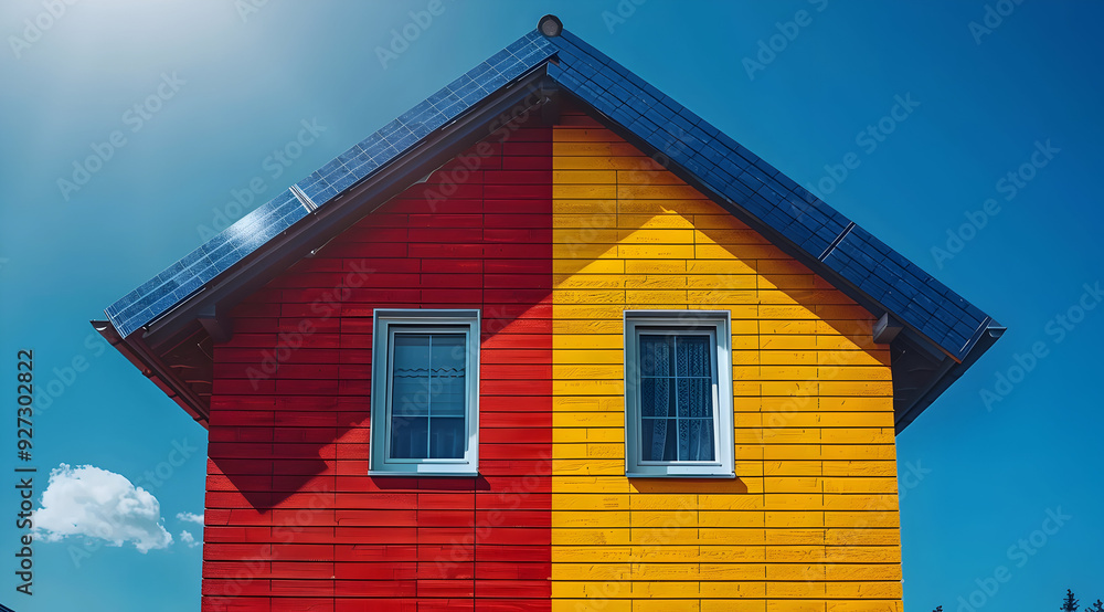 Red and Yellow House with Solar Panels - Illustration Red and Yellow House with Solar Panels - Illustration