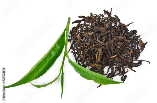 Heap of dried tea and fresh tea leaves isolated on transparen png.