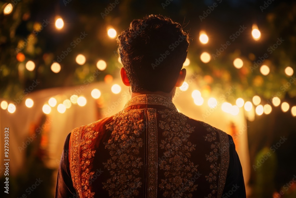 Back view of a groom in an ornate sherwani, standing under glowing festive lights during an outdoor evening wedding celebration. Back view of a groom in an ornate sherwani, standing under glowing festive lights during an outdoor evening wedding celebration.