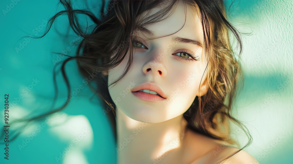 Close-up portrait of a woman with flowing hair against turquoise background Close-up portrait of a woman with flowing hair against turquoise background