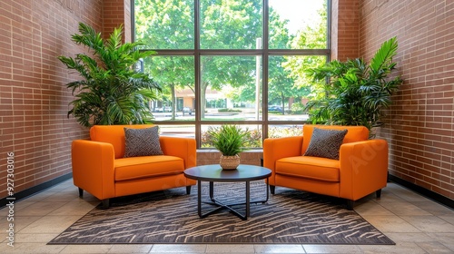 Bright orange sofas contrast with lush greenery  creating a vibrant and inviting lounge area near large windows.