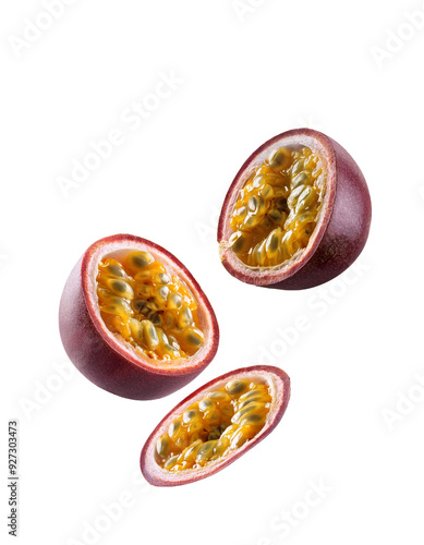 Fresh Falling Slash of Passionfruit, isolated on white photo