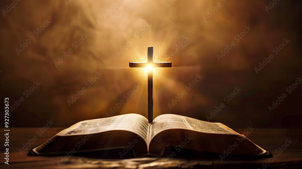 A book is open to a page with a cross on it. The light shining on the cross creates a warm and inviting atmosphere A book is open to a page with a cross on it. The light shining on the cross creates a warm and inviting atmosphere