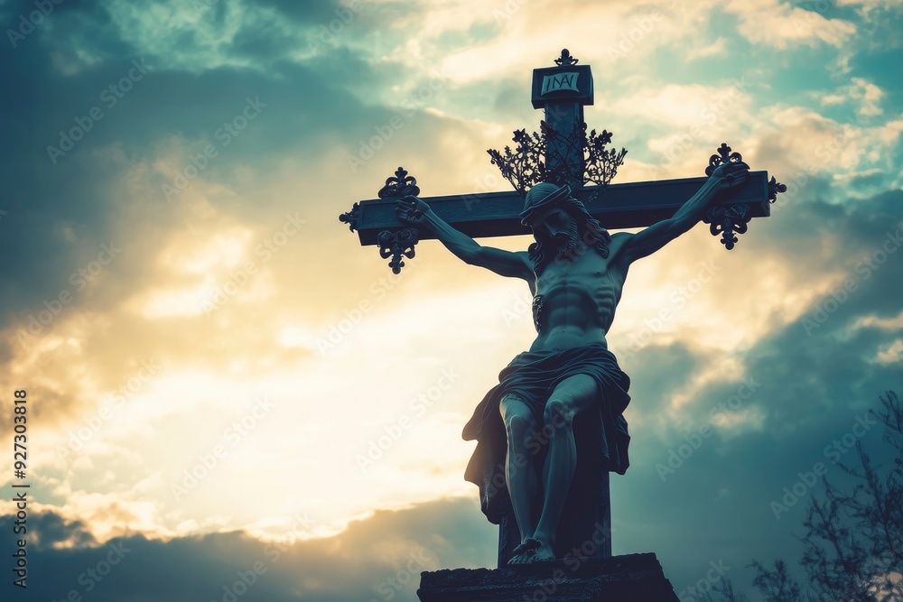 Crown of throns and Silhouette Jesus cross.Crucifixion Of Jesus Christ.Jesus with Cross concept for faith religion, christian worship, Easter, Redeemer.The Feast of Corpus Christi Concept , ai