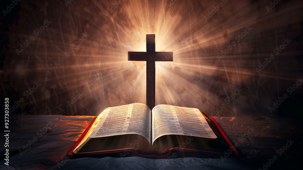A book is open to a page with a cross on it. The light shining on the cross creates a warm and inviting atmosphere A book is open to a page with a cross on it. The light shining on the cross creates a warm and inviting atmosphere