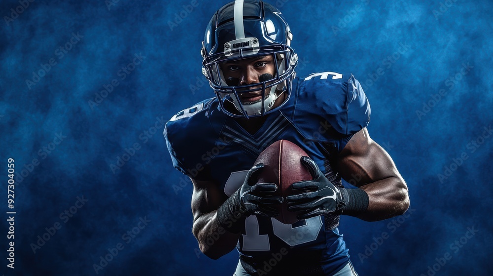 American football player holding a ball closeup view. Super bowl game American football player holding a ball closeup view. Super bowl game