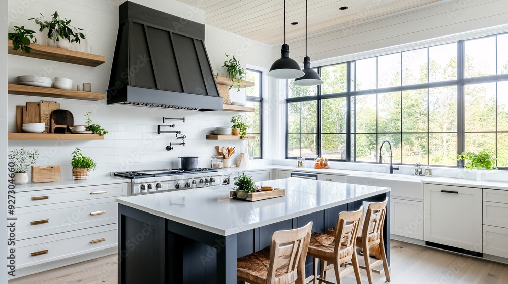 Modern kitchen with large windows and island, white cabinets and black accents Modern kitchen with large windows and island, white cabinets and black accents
