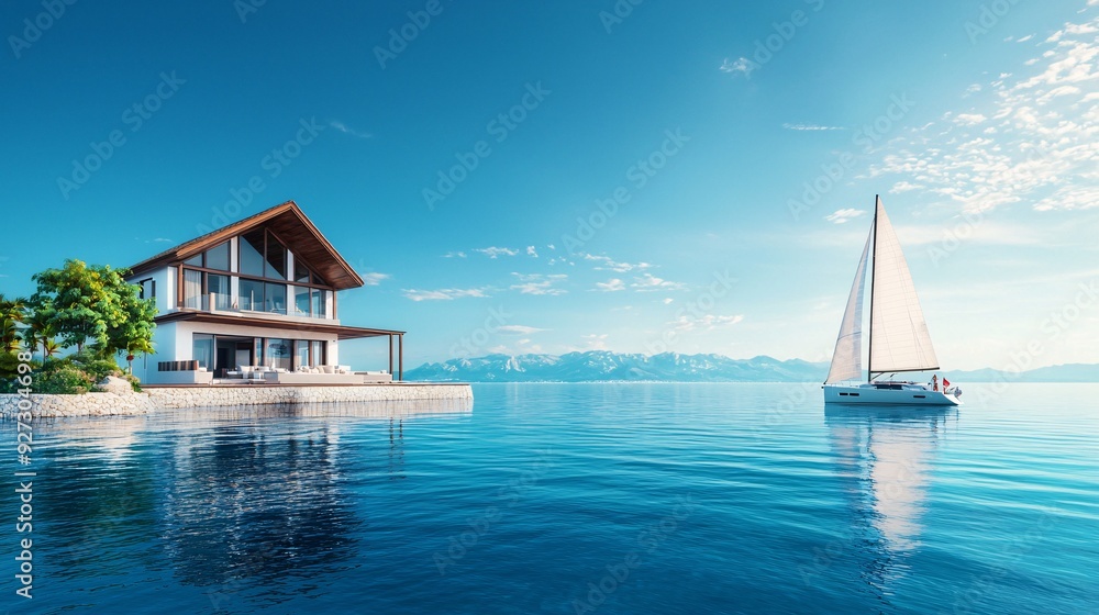Fototapeta premium Modern Lakeside House with Sailing Boat on a Sunny Day