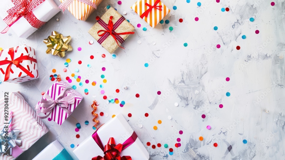 Top View of Gift Boxes with Colorful Confetti on White Background Top View of Gift Boxes with Colorful Confetti on White Background