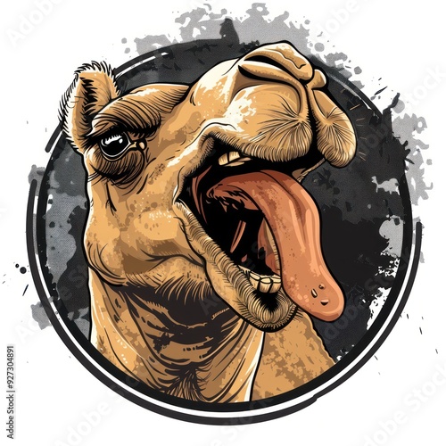 Cartoon illustration of a camel's head with a tongue sticking out in a black circle with splatters.