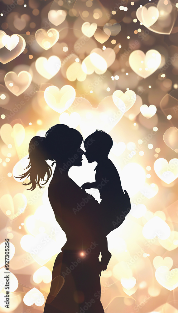 Mother and Child Silhouettes with Heart-Shaped Bokeh Mother and Child Silhouettes with Heart-Shaped Bokeh