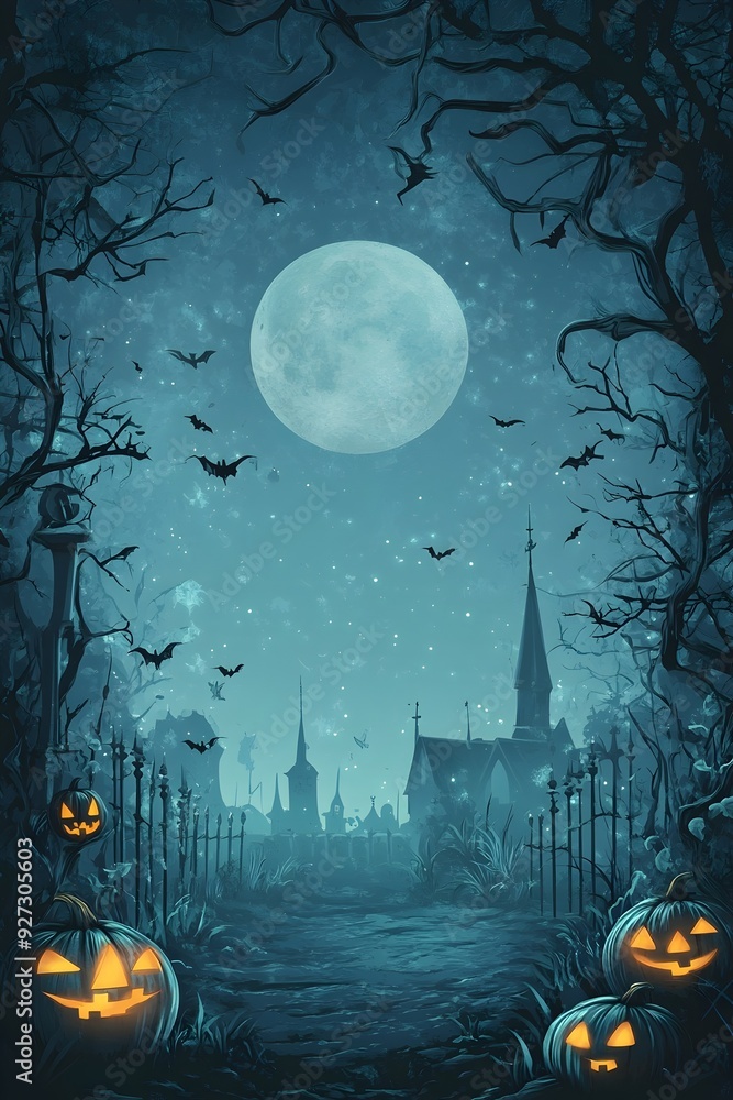 Fototapeta premium moonlit haunted castle surrounded by creepy trees and fog