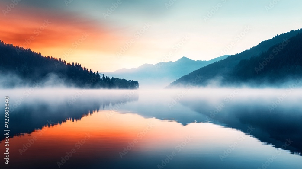 Serene Mountain Lake at Sunrise with Fog and Reflection Serene Mountain Lake at Sunrise with Fog and Reflection