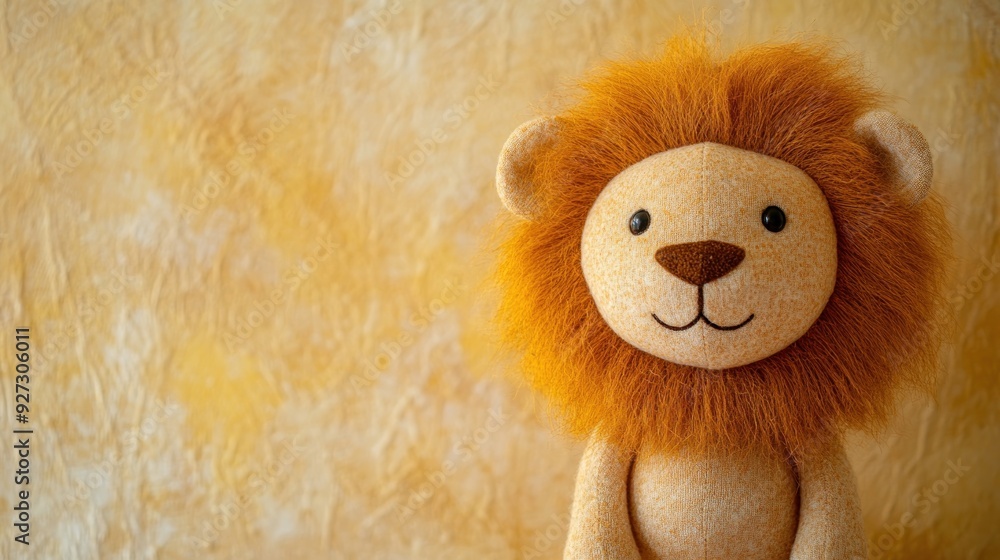 Close-up of a plush lion toy with a fluffy mane against a yellow textured background. Close-up of a plush lion toy with a fluffy mane against a yellow textured background.