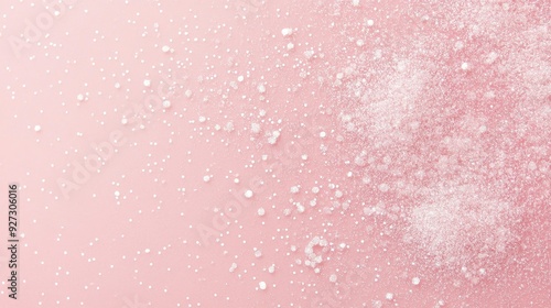 A textured pink background with scattered white particles resembling sugar or salt.