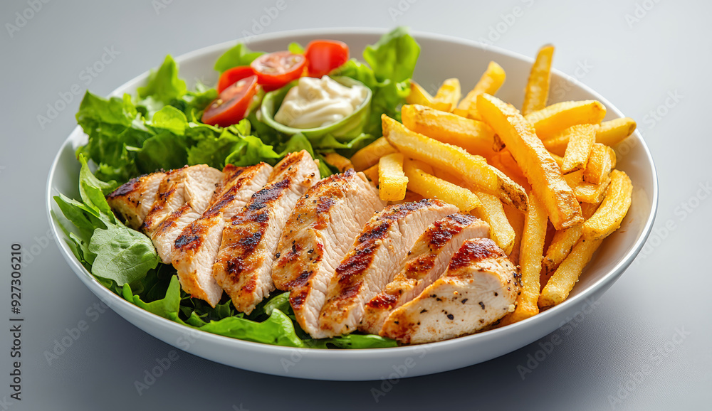 Thin slices of doner kebab meat with french fries salad and yogurt dip sauce on a plate. Thin slices of doner kebab meat with french fries salad and yogurt dip sauce on a plate.