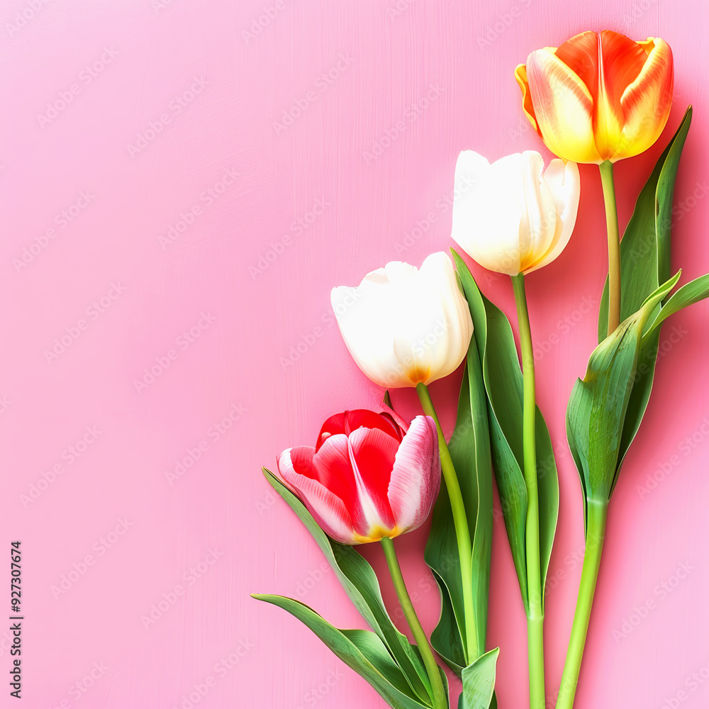 Fototapeta premium Colorful Tulips with Green Leaves on Pink Background