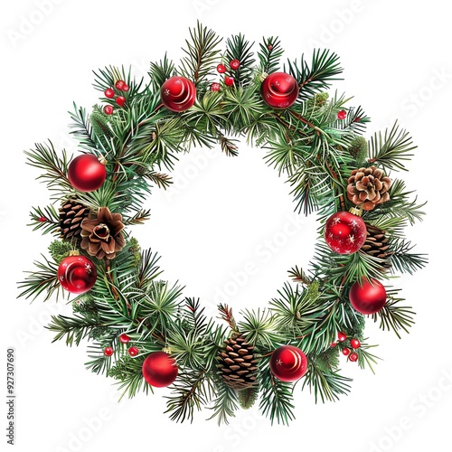 Festive Christmas wreath decorated with pinecones, red ornaments, and greenery, perfect for holiday season decor.