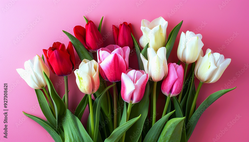 A Bouquet of Pink, White, and Red Tulips on a Pink Background A Bouquet of Pink, White, and Red Tulips on a Pink Background