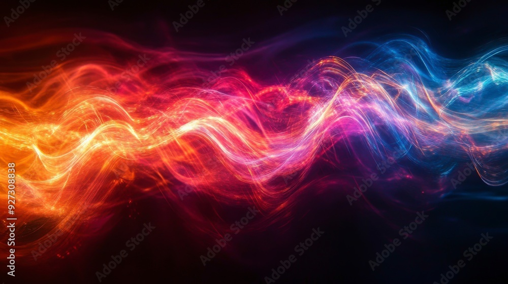 Abstract glowing waves of red, orange, and blue colors on a dark background. Abstract glowing waves of red, orange, and blue colors on a dark background.