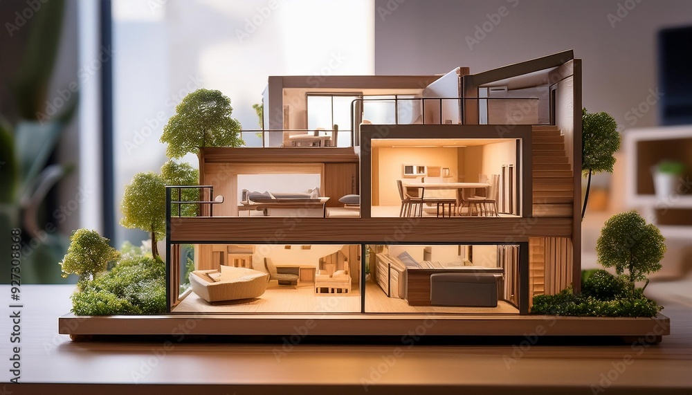 Intricate miniature house model showcasing a cross-section of modern living spaces, Intricate miniature house model showcasing a cross-section of modern living spaces,