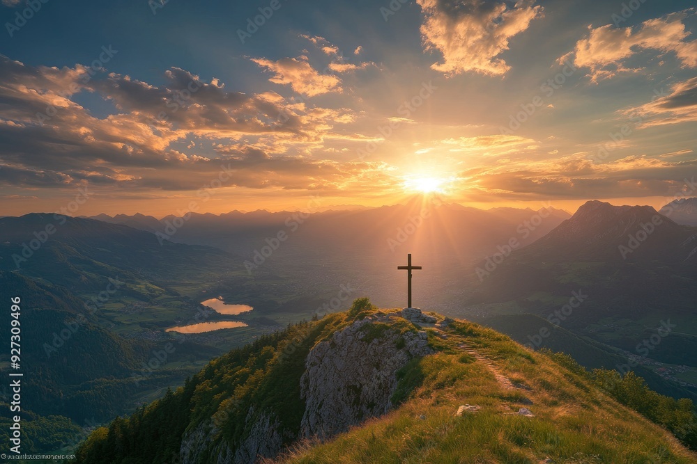 Obraz premium In the beauty of Biblical Christianity, the sunset flare highlights the Cross of Jesus on the mountaintop, standing tall as a powerful symbol, ai