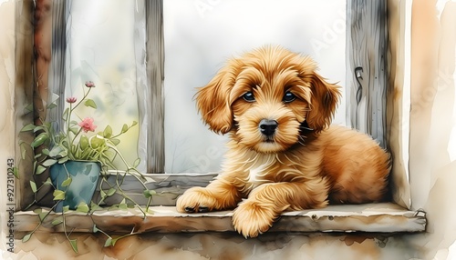 Adorable puppy resting on a windowsill, peering outside with curious eyes, surrounded by greenery and soft natural light, capturing the innocence and charm of pets, evoking feelings of warmth, compani photo