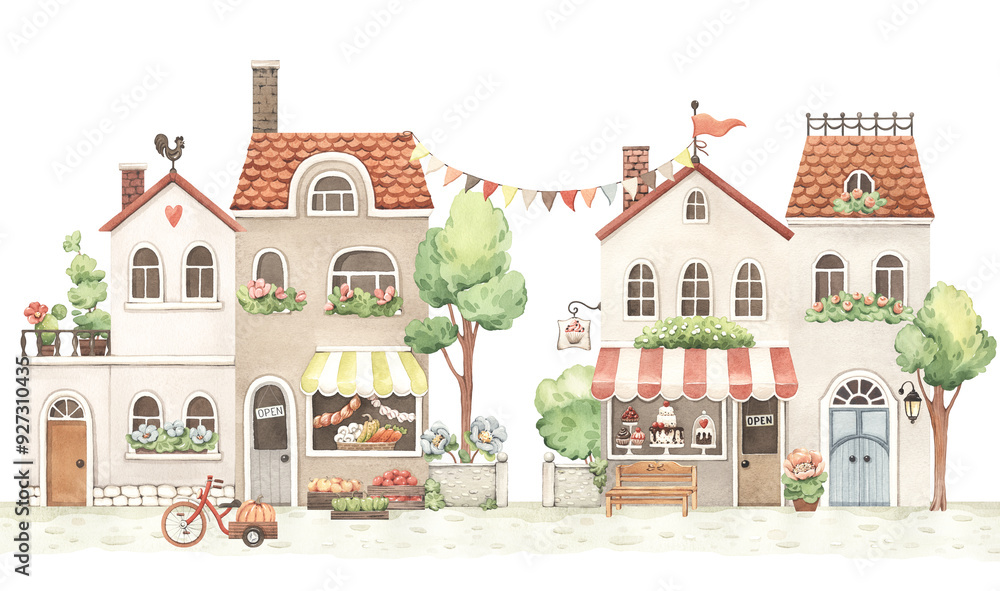 Cute town with candy store and farm shop, watercolor isolated illustration with houses, trees and flowers. Children colorful hand drawn poster. Cute town with candy store and farm shop, watercolor isolated illustration with houses, trees and flowers. Children colorful hand drawn poster.