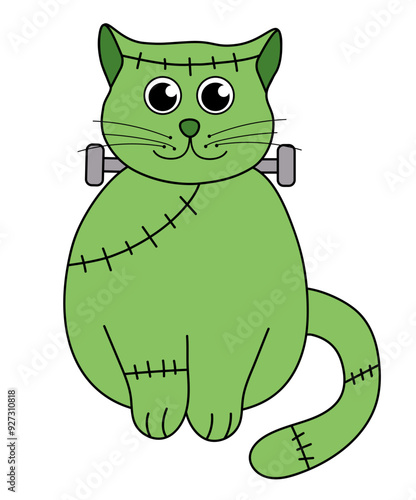 Cute Halloween Cat Frankenstein. Vector Flat Illustration.
