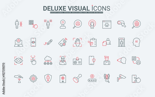 User identification, ID, biometric verification to access line icons set. Software technology to detect and check identity, protect privacy thin black and red outline symbols vector illustration