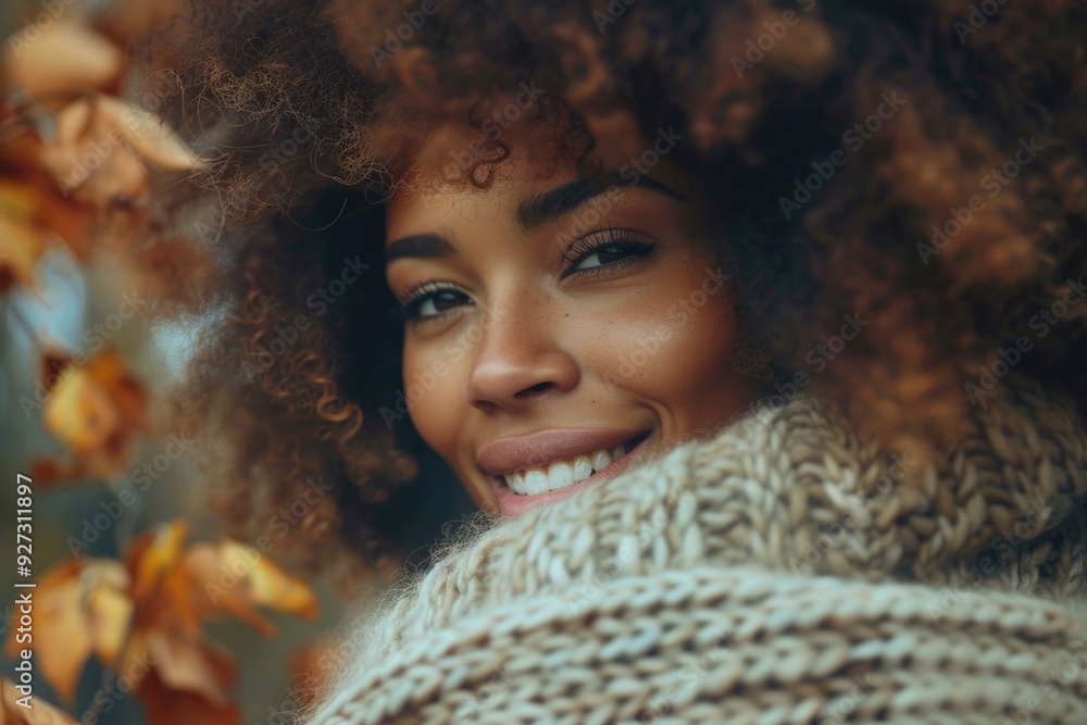 Hair Winter. Portrait of Smiling Afro Woman in Cozy Fashionable Sweater Hair Winter. Portrait of Smiling Afro Woman in Cozy Fashionable Sweater