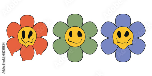 Vector retro cartoon groovy colors daisy psychedelic quirky cartoon face set on white isolated background. Funny cartoon flower with melted smile faces in trippy acid rave style. 70s retro backgrounds