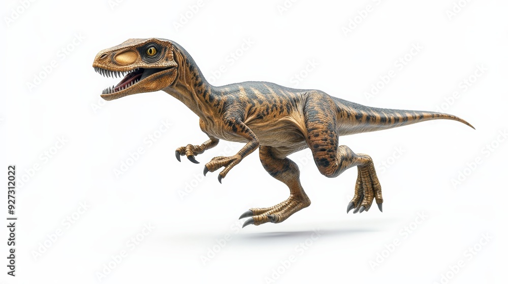 Fototapeta premium A detailed and realistic 3D rendering of a velociraptor dinosaur standing against a white background, displaying its swift and agile nature.