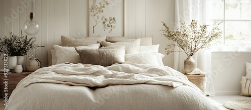 White linen bedding with a light brown textured coverlet on a bed with pillows and a white, sheeted headboard with artwork above.