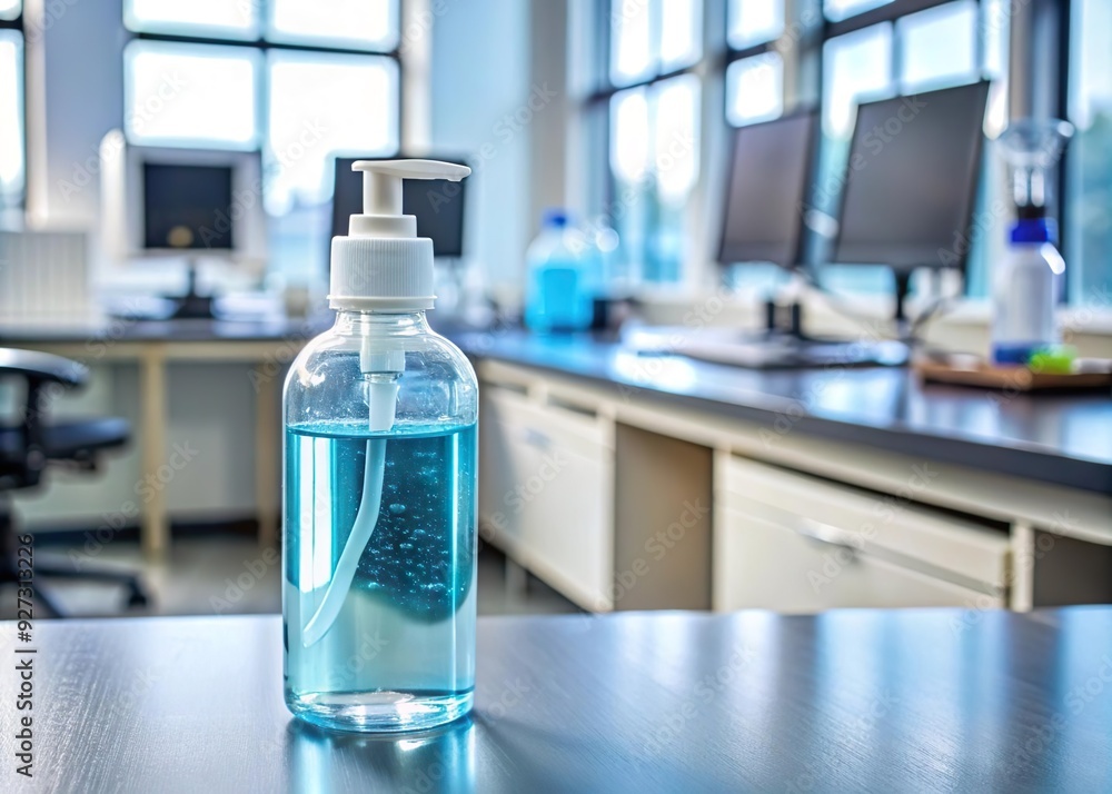 hand sanitizer bottle on a lab desk to disinfect hand sanitizer bottle on a lab desk to disinfect