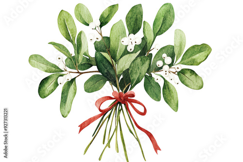 A beautiful watercolor illustration of mistletoe leaves and berries tied with a red ribbon, perfect for holiday decorations.