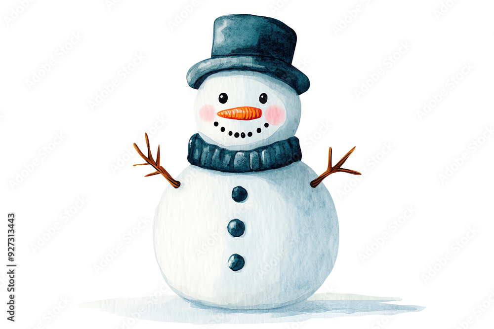 A cheerful snowman with a black top hat, scarf, and button eyes, standing on a snowy ground, perfect for winter themes. A cheerful snowman with a black top hat, scarf, and button eyes, standing on a snowy ground, perfect for winter themes.