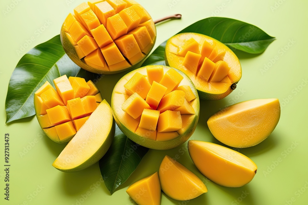 Vibrant Mangoes Diced Cubes and Juicy Slices on a Colorful Background Vibrant Mangoes Diced Cubes and Juicy Slices on a Colorful Background