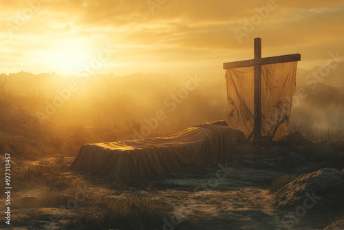 omb Empty With Shroud And Crucifixion At Sunrise - Resurrection Of Jesus Christ , ai photo